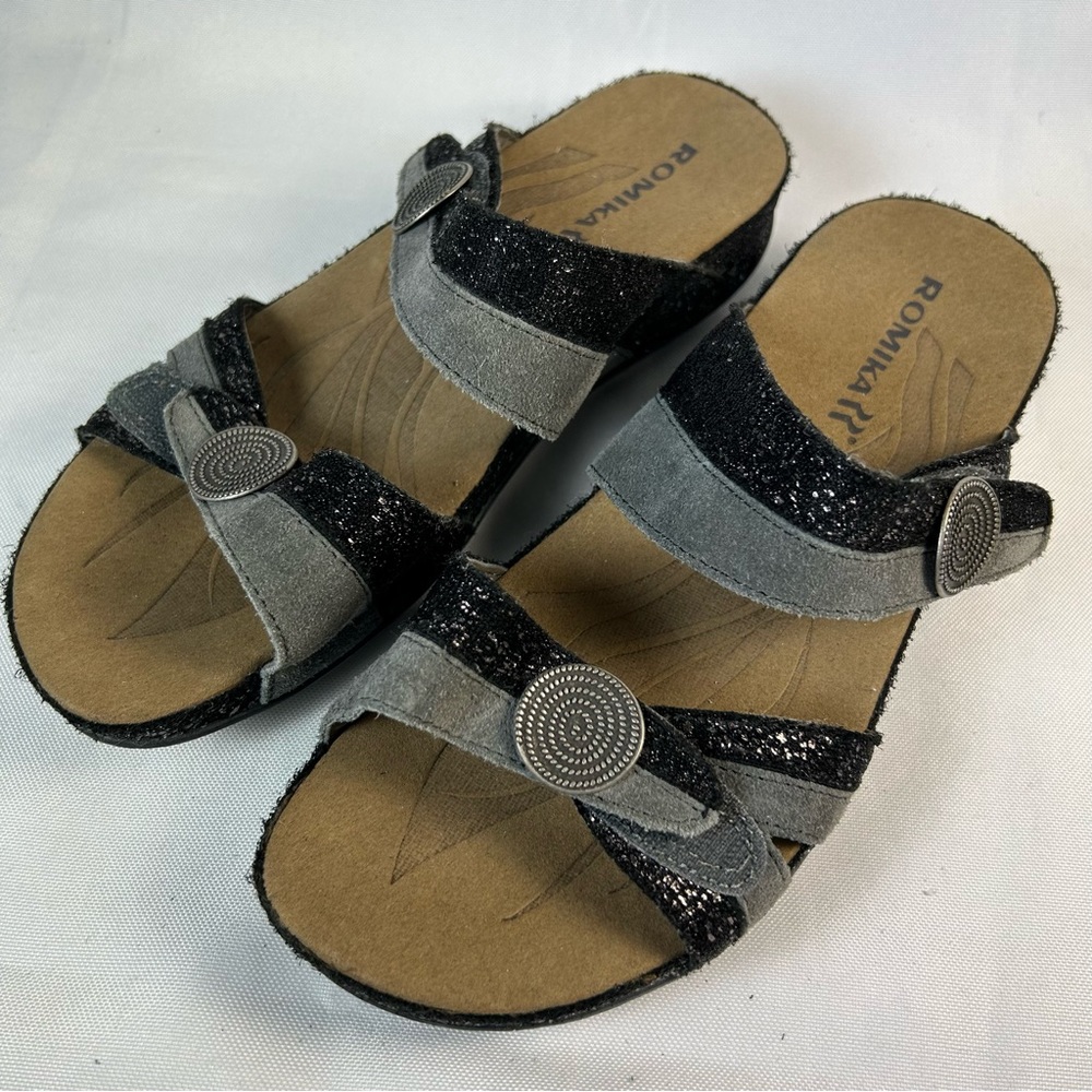 Romika Womens  Slides Sandals Black Leather Hook And Loop Low Heel Slip On 6.5